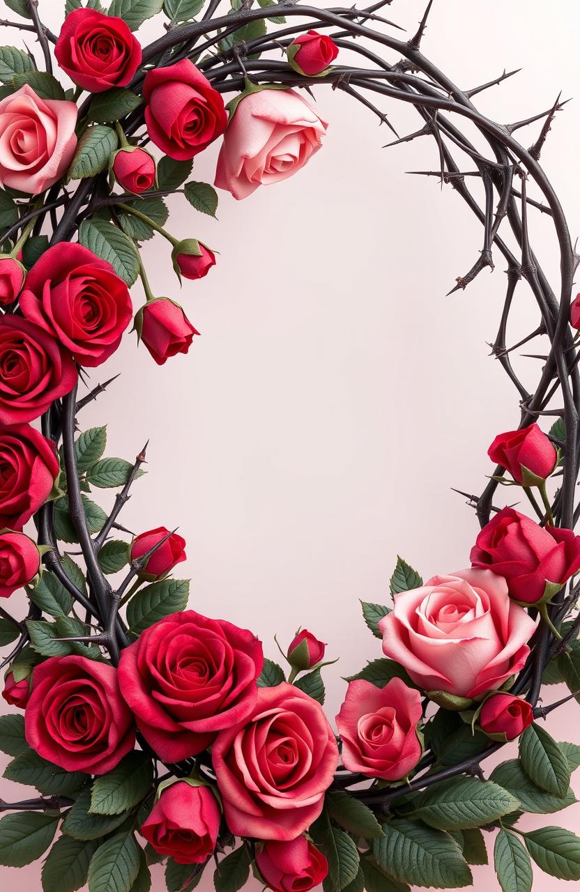 A stunning 3D frame made entirely of intricate roses intertwined with sharp thorns, showcasing a romantic yet edgy aesthetic