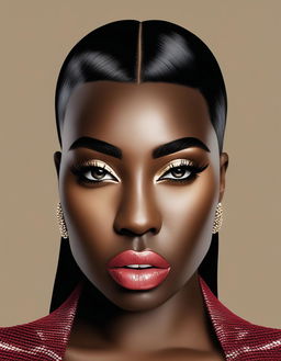 Digital art of Kanye West reimagined as a woman, with long dark hair, reshaped eyebrows, fuller lips, and dressed in high-fashion attire