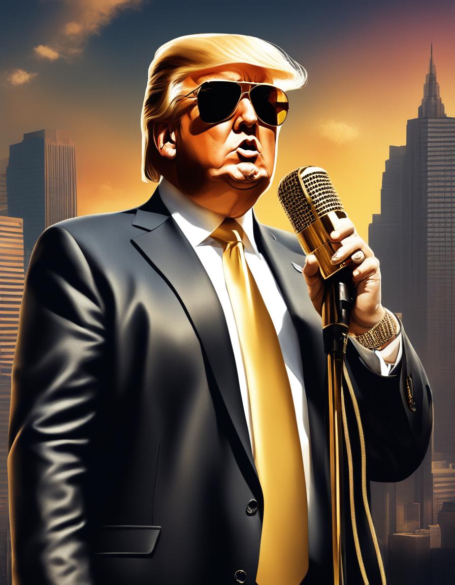 Digital art of Donald Trump as a hip-hop artist, dressed in a mix of classic suit and modern streetwear, holding a gold-plated microphone against an urban cityscape backdrop