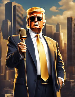 Digital art of Donald Trump as a hip-hop artist, dressed in a mix of classic suit and modern streetwear, holding a gold-plated microphone against an urban cityscape backdrop