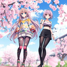 A captivating illustration of two anime girls wearing stylish, vibrant tights that accentuate their legs