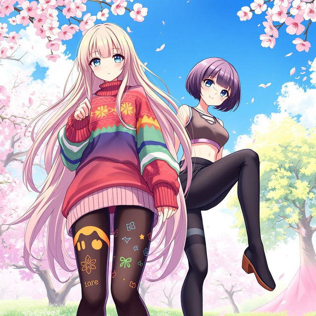 A captivating illustration of two anime girls wearing stylish, vibrant tights that accentuate their legs