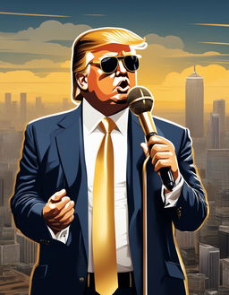 Digital art of Donald Trump as a hip-hop artist, dressed in a mix of classic suit and modern streetwear, holding a gold-plated microphone against an urban cityscape backdrop