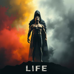 A striking and thought-provoking poster featuring a human figure representing life, standing confidently in the foreground