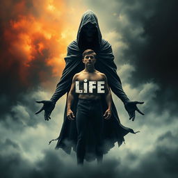A striking and thought-provoking poster featuring a human figure representing life, standing confidently in the foreground