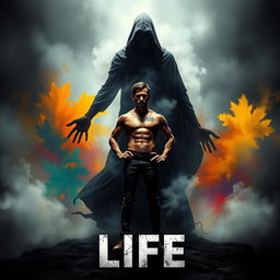 A striking and thought-provoking poster featuring a human figure representing life, standing confidently in the foreground