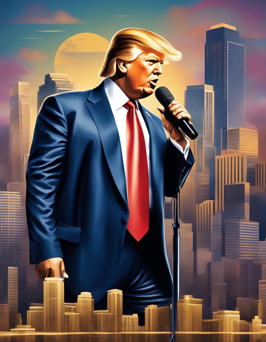 Digital art of Donald Trump as a hip-hop artist, dressed in a mix of classic suit and modern streetwear, holding a gold-plated microphone against an urban cityscape backdrop