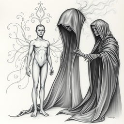 A detailed and captivating drawing depicting a human figure personifying life, standing upright with a serene expression, surrounded by flowing lines and motifs that symbolize vitality and energy