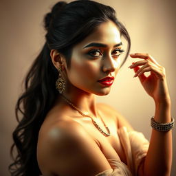 A captivating portrait of a beautiful Indian actress inspired by Shruti Hassan, striking a seductive pose with grace and allure
