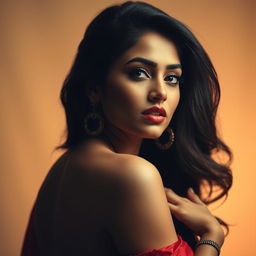 A captivating portrait of a beautiful Indian actress inspired by Shruti Hassan, striking a seductive pose with grace and allure