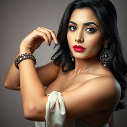 A captivating portrait of a beautiful Indian actress inspired by Shruti Hassan, striking a seductive pose with grace and allure