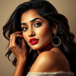 A captivating portrait of a beautiful Indian actress inspired by Shruti Hassan, striking a seductive pose with grace and allure