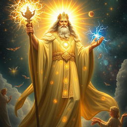 An artistic representation of a divine god figure, majestic and powerful, surrounded by a cosmic backdrop of stars and galaxies