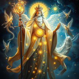 An artistic representation of a divine god figure, majestic and powerful, surrounded by a cosmic backdrop of stars and galaxies
