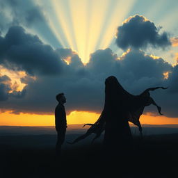 A dramatic and powerful depiction of the theme of mortality, featuring a human figure standing in a serene landscape, with a spectral representation of Death as a shadowy figure nearby