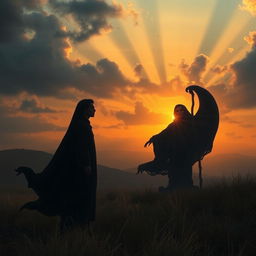 A dramatic and powerful depiction of the theme of mortality, featuring a human figure standing in a serene landscape, with a spectral representation of Death as a shadowy figure nearby