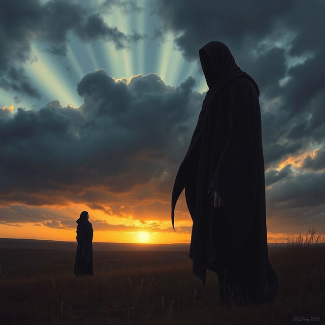 A dramatic and powerful depiction of the theme of mortality, featuring a human figure standing in a serene landscape, with a spectral representation of Death as a shadowy figure nearby