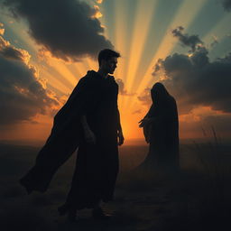 A dramatic and powerful depiction of the theme of mortality, featuring a human figure standing in a serene landscape, with a spectral representation of Death as a shadowy figure nearby