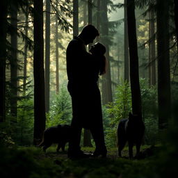 The silhouette of a tall man and a woman embracing in a dense forest, surrounded by tall trees and lush greenery, with a black wolf in the background, adding an air of mystery and connection to nature