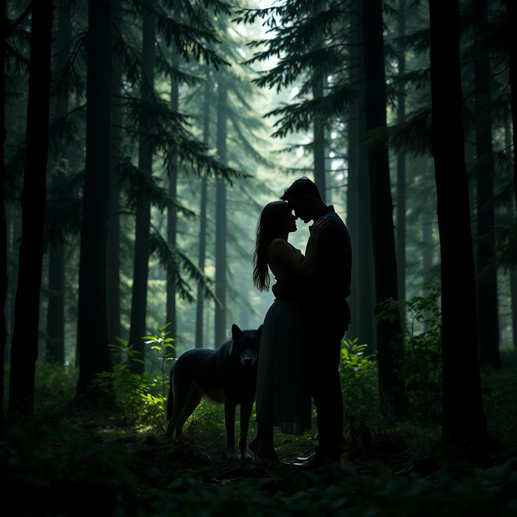 The silhouette of a tall man and a woman embracing in a dense forest, surrounded by tall trees and lush greenery, with a black wolf in the background, adding an air of mystery and connection to nature