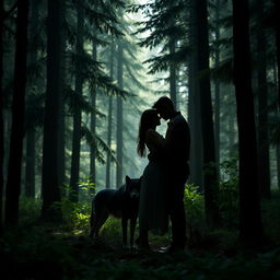 The silhouette of a tall man and a woman embracing in a dense forest, surrounded by tall trees and lush greenery, with a black wolf in the background, adding an air of mystery and connection to nature