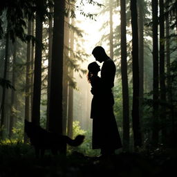 The silhouette of a tall man and a woman embracing in a dense forest, surrounded by tall trees and lush greenery, with a black wolf in the background, adding an air of mystery and connection to nature