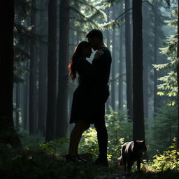 The silhouette of a tall man and a woman embracing in a dense forest, surrounded by tall trees and lush greenery, with a black wolf in the background, adding an air of mystery and connection to nature