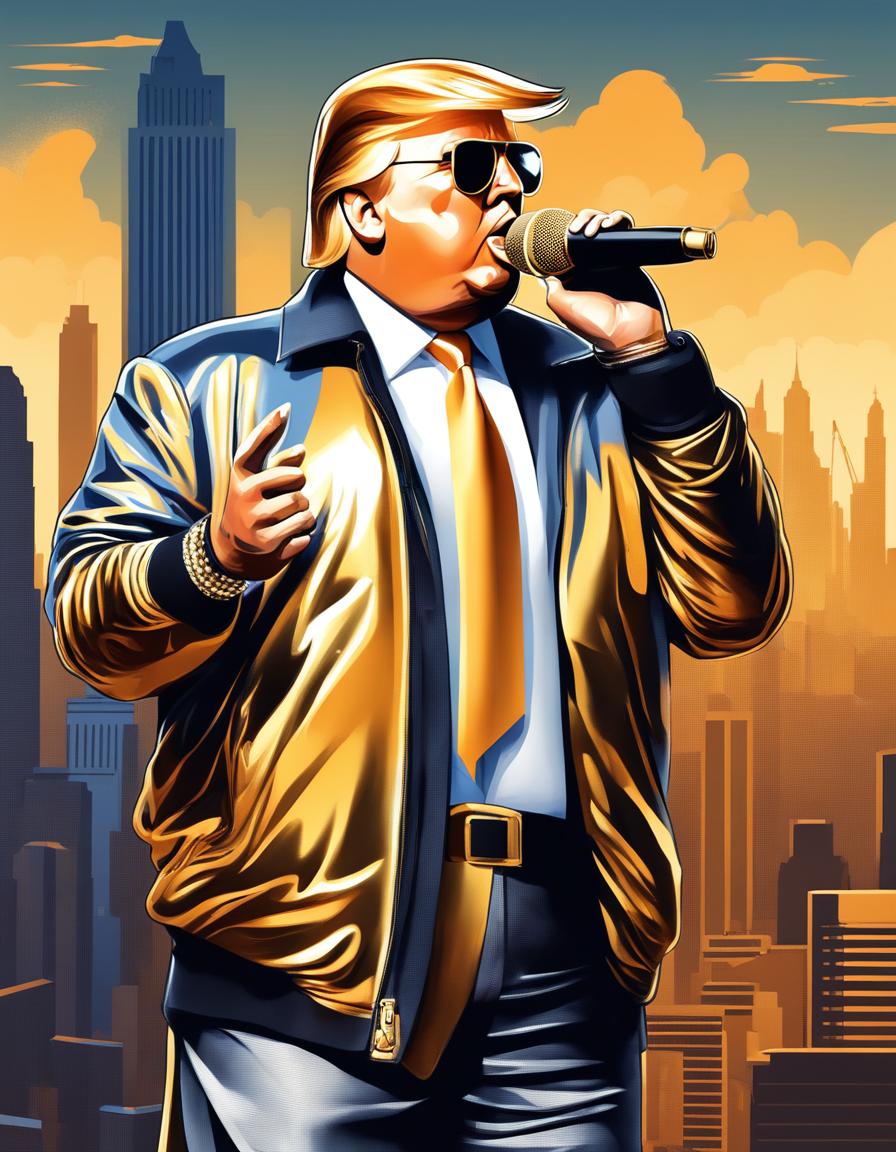 Digital art of Donald Trump as a SoundCloud rapper, dressed in streetwear, holding a gold-plated microphone against an urban cityscape backdrop