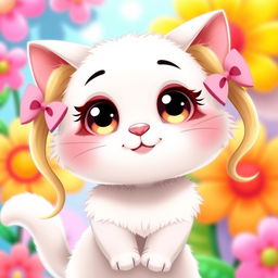 A cute and charming cartoon character resembling a cat, with a white fur coat, wearing blonde pigtails tied with pink bows
