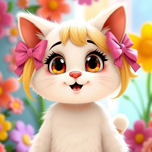 A cute and charming cartoon character resembling a cat, with a white fur coat, wearing blonde pigtails tied with pink bows