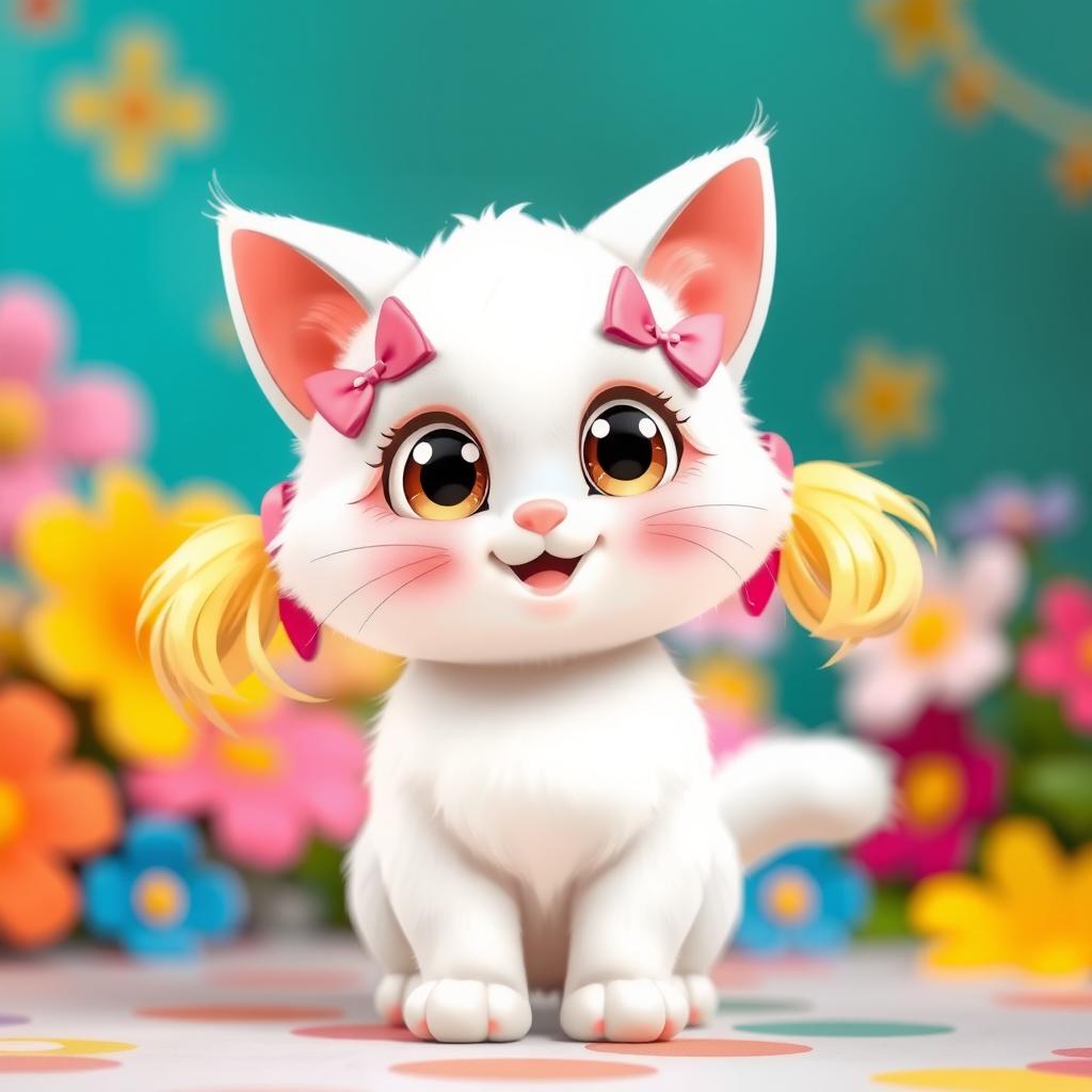 A cute and charming cartoon character resembling a cat, with a white fur coat, wearing blonde pigtails tied with pink bows