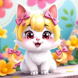 A cute and charming cartoon character resembling a cat, with a white fur coat, wearing blonde pigtails tied with pink bows
