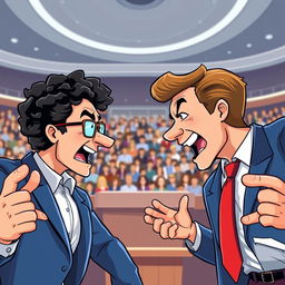 An illustration of a dynamic debate scene featuring two men engaged in a spirited argument
