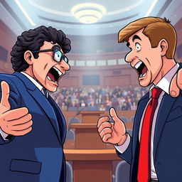 An illustration of a dynamic debate scene featuring two men engaged in a spirited argument