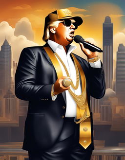 Digital art of Donald Trump as a SoundCloud rapper, dressed in streetwear, holding a gold-plated microphone against an urban cityscape backdrop