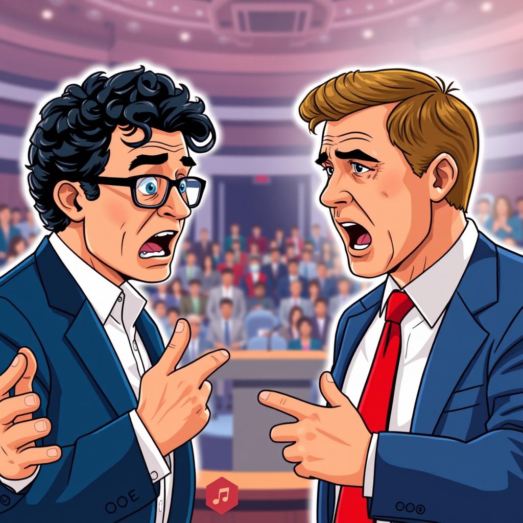 An illustration of a dynamic debate scene featuring two men engaged in a spirited argument