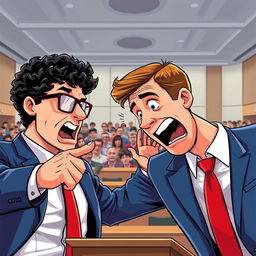 An illustration of a dynamic debate scene featuring two men engaged in a spirited argument