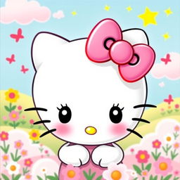An adorable Hello Kitty character with large, expressive eyes, wearing a cute pink bow atop her head