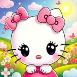 An adorable Hello Kitty character with large, expressive eyes, wearing a cute pink bow atop her head