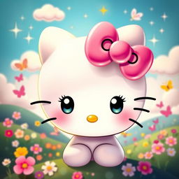 An adorable Hello Kitty character with large, expressive eyes, wearing a cute pink bow atop her head
