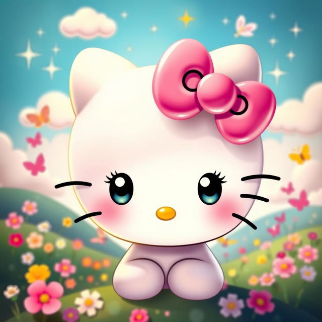 An adorable Hello Kitty character with large, expressive eyes, wearing a cute pink bow atop her head