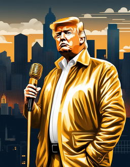 Digital art of Donald Trump as a SoundCloud rapper, dressed in streetwear, holding a gold-plated microphone against an urban cityscape backdrop