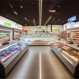 A modern, spacious superstore that is 26 feet deep and 13 feet wide. The store features 2 double-sided modern racks in the center, 2 cold drink refrigerators, an ice cream deep freezer, and a sleek L-shaped cash counter.