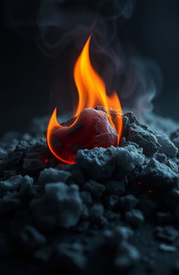 A visually striking representation of flames gently flickering beneath a layer of ash, symbolizing a wounded spirit struggling with emotions of love, betrayal, and loneliness