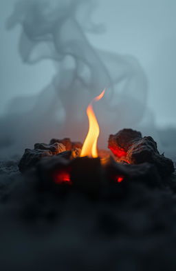 A visually striking representation of flames gently flickering beneath a layer of ash, symbolizing a wounded spirit struggling with emotions of love, betrayal, and loneliness