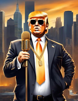 Digital art of Donald Trump as a SoundCloud rapper, dressed in streetwear, holding a gold-plated microphone against an urban cityscape backdrop