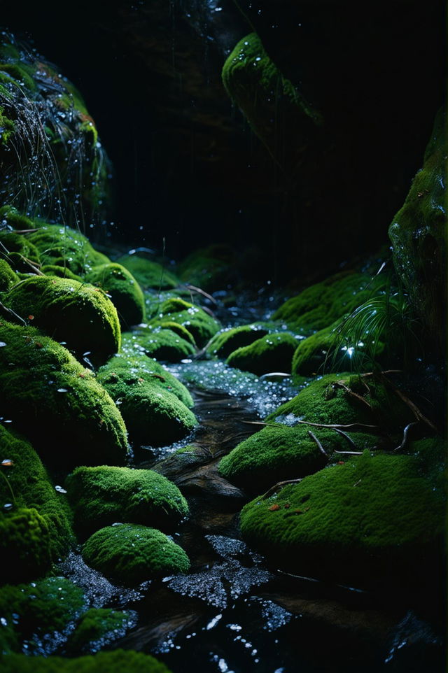 HD wide-angle shot of a New Zealand glow worm cave with moss-covered walls, bioluminescent algae in a stream, a trickling waterfall, and wet rocks, captured at night with extreme detail using a 50mm lens