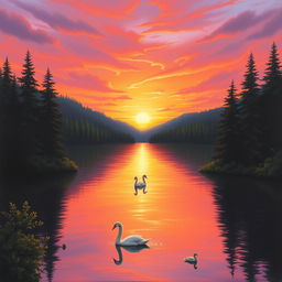 A serene and mesmerizing painting of a sunset over a tranquil lake surrounded by lush forests