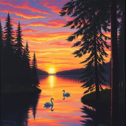 A serene and mesmerizing painting of a sunset over a tranquil lake surrounded by lush forests