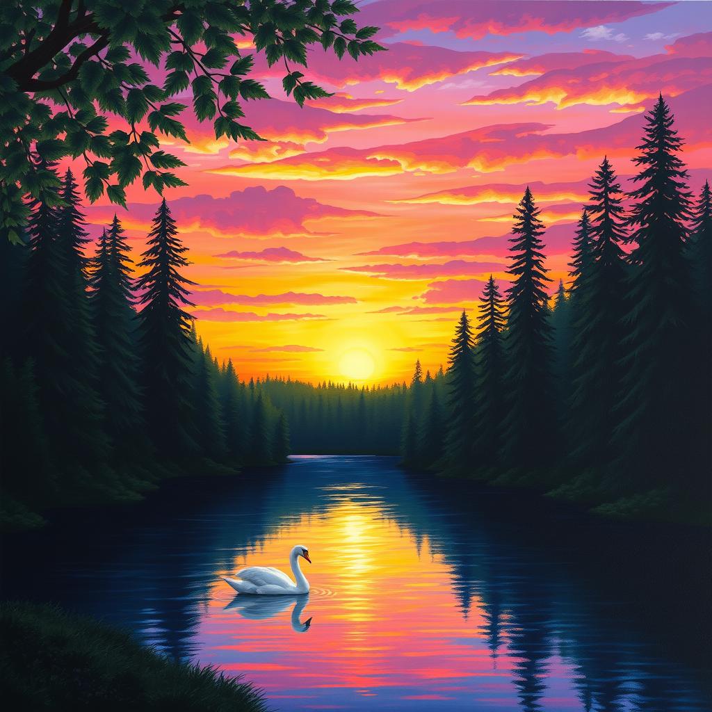 A serene and mesmerizing painting of a sunset over a tranquil lake surrounded by lush forests